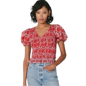 NWT- CLEOBELLA Bella Red Smocked, Puff Sleeves and Ruffle Hem Top Sz Small